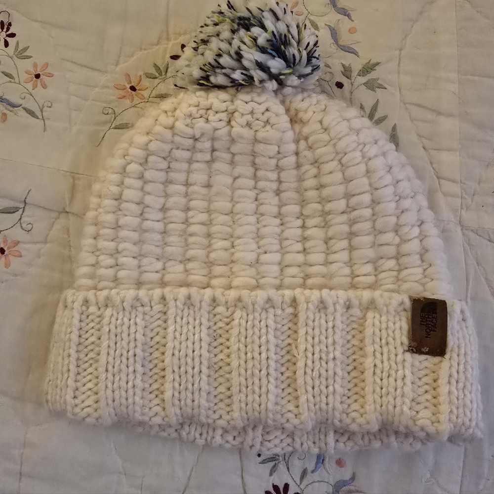 The North Face Cozy Cream Knit Beanie with Pom Pom